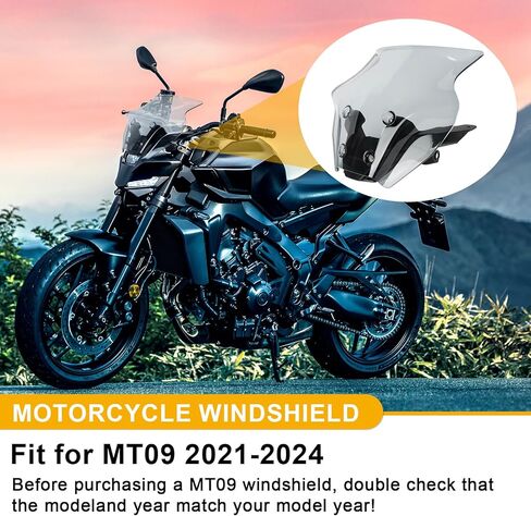 2021-2024 MT09 FZ09 Windscreen with Bracket- Motorcycle MT09 Windshield FZ-09 Windscreen Protector Accessories for MT-09 FZ09 2021 2022 2023 2024,Black in Kuwait