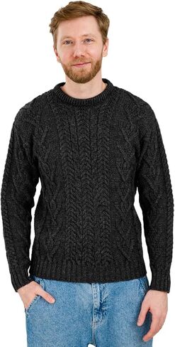 SAOL 100% Merino Wool Men's Irish Traditional Aran Crew Neck Cable Knit Sweater Pullover in Kuwait