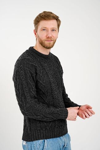 SAOL 100% Merino Wool Men's Irish Traditional Aran Crew Neck Cable Knit Sweater Pullover in Kuwait