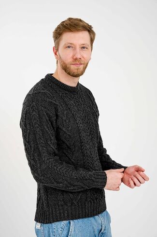 SAOL 100% Merino Wool Men's Irish Traditional Aran Crew Neck Cable Knit Sweater Pullover in Kuwait