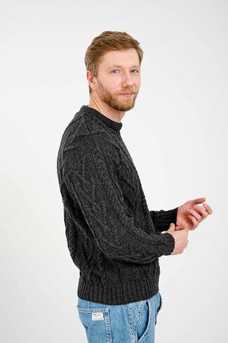 SAOL 100% Merino Wool Men's Irish Traditional Aran Crew Neck Cable Knit Sweater Pullover in Kuwait