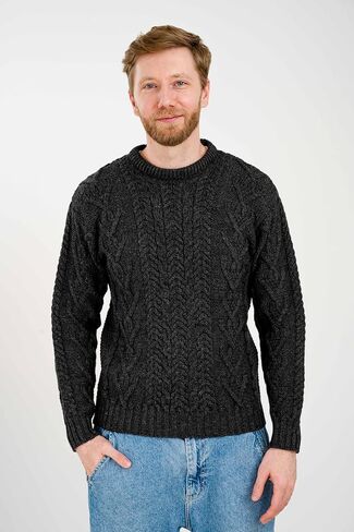 SAOL 100% Merino Wool Men's Irish Traditional Aran Crew Neck Cable Knit Sweater Pullover in Kuwait