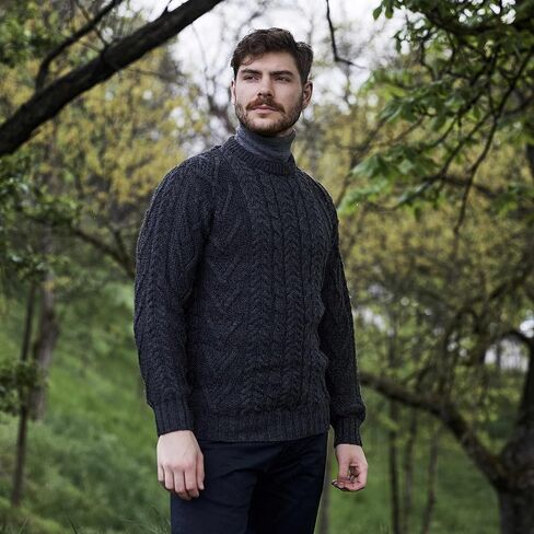 SAOL 100% Merino Wool Men's Irish Traditional Aran Crew Neck Cable Knit Sweater Pullover in Kuwait