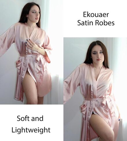 أردية حريرية Ekouaer للنساء الساتان طول ركبة العروس العروسة حفل زفاف حفل نوم خفيف الوزن مع جيوب in Kuwait