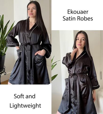 أردية حريرية Ekouaer للنساء الساتان طول ركبة العروس العروسة حفل زفاف حفل نوم خفيف الوزن مع جيوب in Saudi Arabia