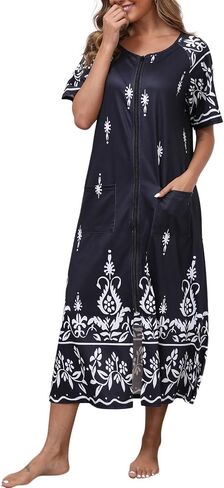 Women's Full Zipper Robe Short Sleeve Bathrobe Mumu Duster House Coat Soft Loungewear with 2 Pockets in Saudi Arabia