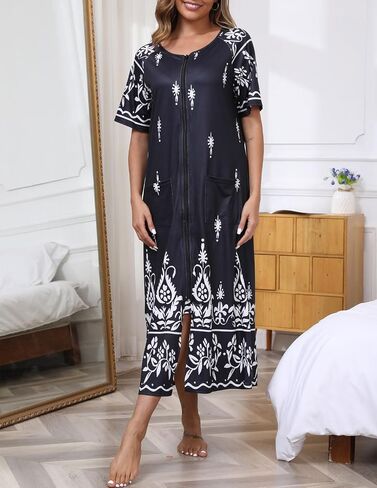 Women's Full Zipper Robe Short Sleeve Bathrobe Mumu Duster House Coat Soft Loungewear with 2 Pockets in Saudi Arabia