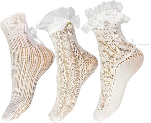 Winterlace Womens Frilly Ruffle Ankle Socks, 3 Pairs Lace Cute Bows Bobby Fashion Dress Sock in Saudi Arabia