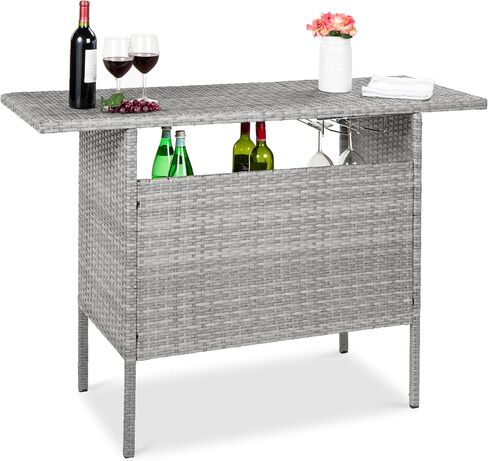 Best Choice Products Outdoor Patio Wicker Bar Counter Table Backyard Furniture w/ 2 Steel Shelves and 2 Sets of Rails - Brown in Kuwait