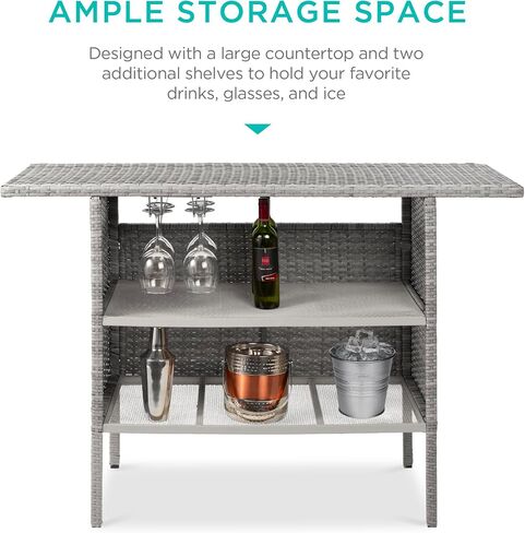 Best Choice Products Outdoor Patio Wicker Bar Counter Table Backyard Furniture w/ 2 Steel Shelves and 2 Sets of Rails - Brown in Kuwait