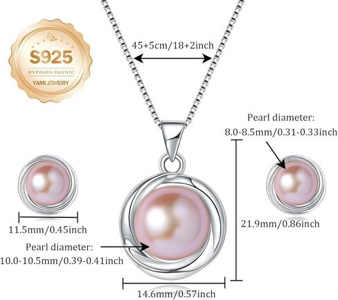 YAMI Pearl Necklace and Earring Set for Women, 925 Sterling Silver 10MM Cultured Pearls Pendant Necklace Pearl Stud Earrings Jewelry Set, 18Inch+2" Box Chain, Gifts for Mother Wife Her in Kuwait