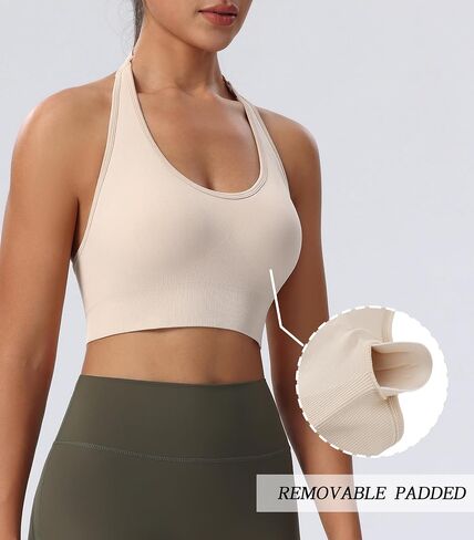 Women's Halter Sports Bras Adjustable Straps Seamless Medium Impact Workout Crop Tank Tops with Removable Padded in Saudi Arabia