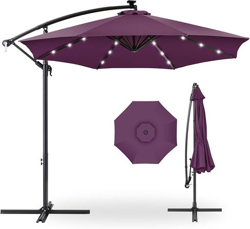 Best Choice Products 10ft Solar LED Offset Hanging Market Patio Umbrella for Backyard, Poolside, Lawn and Garden w/Easy Tilt Adjustment, Polyester Shade, 8 Ribs - Tan in Saudi Arabia