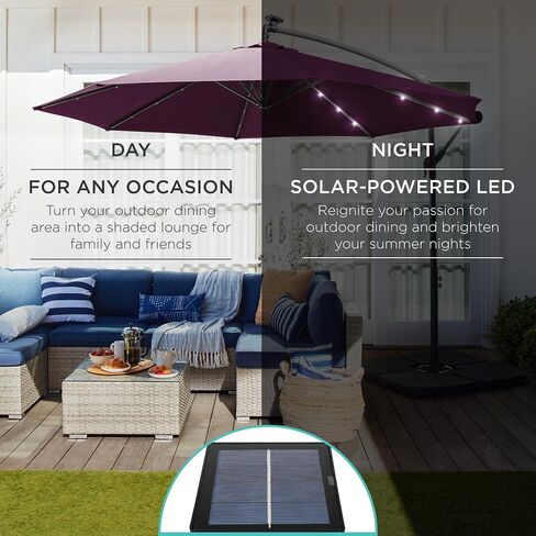 Best Choice Products 10ft Solar LED Offset Hanging Market Patio Umbrella for Backyard, Poolside, Lawn and Garden w/Easy Tilt Adjustment, Polyester Shade, 8 Ribs - Tan in Saudi Arabia