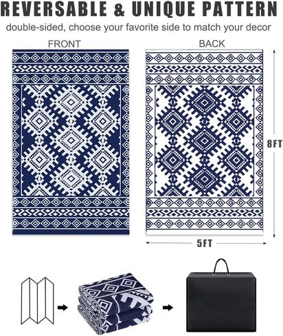 Outdoor Rugs for Patio Clearance - 5'x8' Waterproof Reversible Indoor Outdoor Rug Carpet, Portable Plastic Straw Rug for RV Camping, Picnic, Beach, Porch, Deck(Rug001#,Black&Brown) in Saudi Arabia