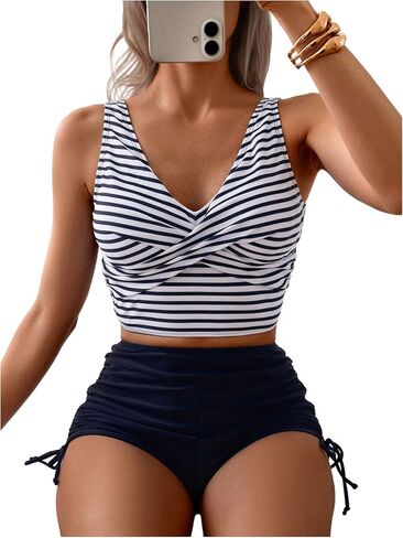SweatyRocks Women's Striped Print Tankini Tank Tops and Tummy Control Shorts Bathing Suits in Saudi Arabia