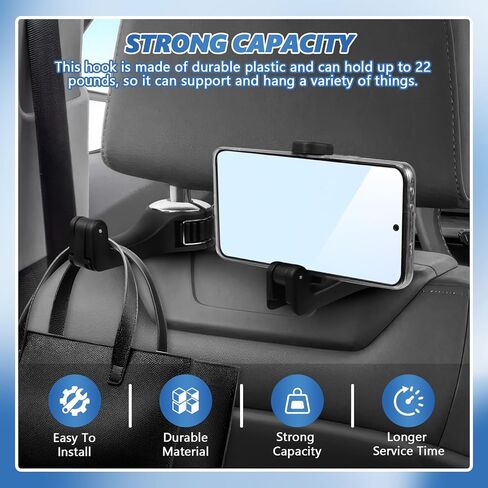 2PCS Car Headrest Hidden Hook, 2 in 1 Car Seat Hook with Phone Holder, Auto Back Seat Hanging Hook for Handbag Clothes Grocery, Universal Vehicle Purse Hook Holder Organizer (Black) in Kuwait