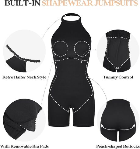 Popilush Shapewear Rompers for Women Built in Shapewear Tummy Control Bodysuit Halter Neck Backless Short Jumpsuits in Saudi Arabia