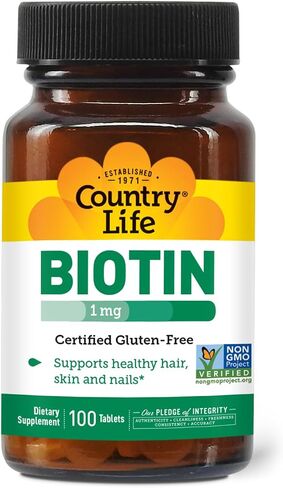 Country Life Biotin 1mg Supports Healthy Hair, Skin & Nails, 100 Tablets, Certified Gluten Free, Certified Vegan, Certified Halal, Non-GMO Verified in Saudi Arabia