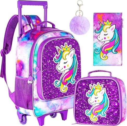 3PCS Rolling Backpack for Girls, Kids Unicorn Roller Bookbag with Wheels, Wheeled School Bag Set for Elementary - Purple in Saudi Arabia