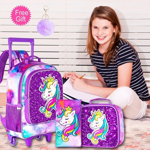 3PCS Rolling Backpack for Girls, Kids Unicorn Roller Bookbag with Wheels, Wheeled School Bag Set for Elementary - Purple in Saudi Arabia