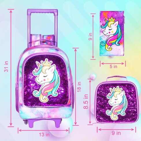 3PCS Rolling Backpack for Girls, Kids Unicorn Roller Bookbag with Wheels, Wheeled School Bag Set for Elementary - Purple in Saudi Arabia