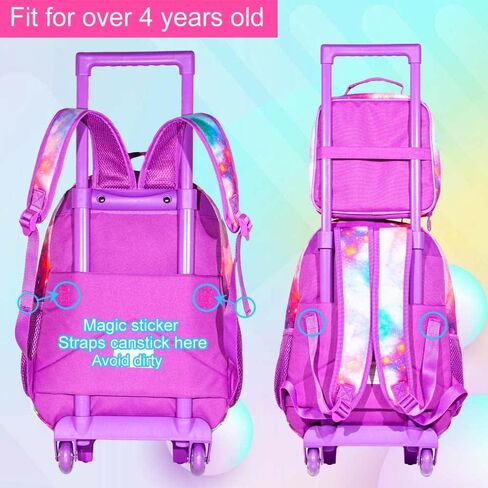 3PCS Rolling Backpack for Girls, Kids Unicorn Roller Bookbag with Wheels, Wheeled School Bag Set for Elementary - Purple in Saudi Arabia