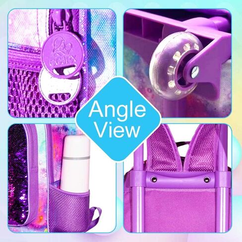 3PCS Rolling Backpack for Girls, Kids Unicorn Roller Bookbag with Wheels, Wheeled School Bag Set for Elementary - Purple in Saudi Arabia