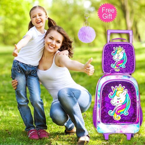 3PCS Rolling Backpack for Girls, Kids Unicorn Roller Bookbag with Wheels, Wheeled School Bag Set for Elementary - Purple in Saudi Arabia
