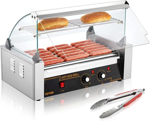 VEVOR Hot Dog Roller 5 Rollers 12 Hot Dogs Capacity, 750W Stainless Sausage Grill Cooker Machine with Dual Temp Control Glass Hood Acrylic Cover Bun Warmer Shelf Removable Oil Drip Tray ETL Certified in Saudi Arabia