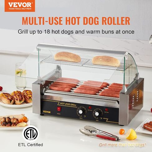 VEVOR Hot Dog Roller 5 Rollers 12 Hot Dogs Capacity, 750W Stainless Sausage Grill Cooker Machine with Dual Temp Control Glass Hood Acrylic Cover Bun Warmer Shelf Removable Oil Drip Tray ETL Certified in Saudi Arabia