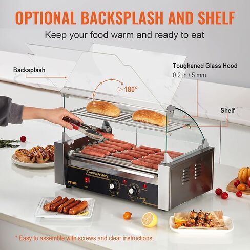 VEVOR Hot Dog Roller 5 Rollers 12 Hot Dogs Capacity, 750W Stainless Sausage Grill Cooker Machine with Dual Temp Control Glass Hood Acrylic Cover Bun Warmer Shelf Removable Oil Drip Tray ETL Certified in Saudi Arabia
