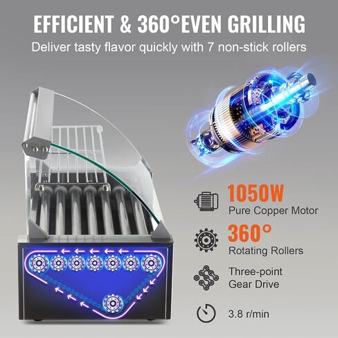 VEVOR Hot Dog Roller 5 Rollers 12 Hot Dogs Capacity, 750W Stainless Sausage Grill Cooker Machine with Dual Temp Control Glass Hood Acrylic Cover Bun Warmer Shelf Removable Oil Drip Tray ETL Certified in Saudi Arabia