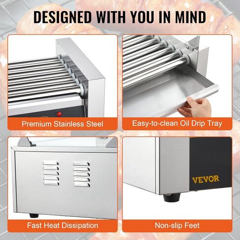 VEVOR Hot Dog Roller 5 Rollers 12 Hot Dogs Capacity, 750W Stainless Sausage Grill Cooker Machine with Dual Temp Control Glass Hood Acrylic Cover Bun Warmer Shelf Removable Oil Drip Tray ETL Certified in Saudi Arabia