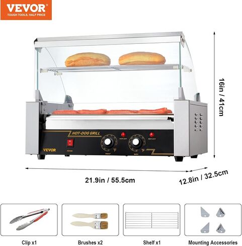 VEVOR Hot Dog Roller 5 Rollers 12 Hot Dogs Capacity, 750W Stainless Sausage Grill Cooker Machine with Dual Temp Control Glass Hood Acrylic Cover Bun Warmer Shelf Removable Oil Drip Tray ETL Certified in Saudi Arabia