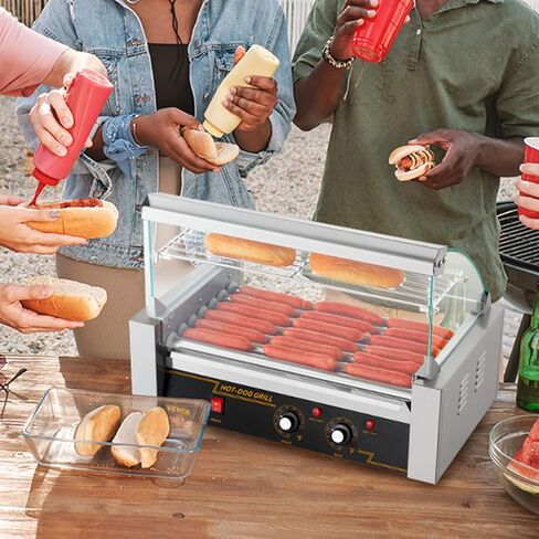 VEVOR Hot Dog Roller 5 Rollers 12 Hot Dogs Capacity, 750W Stainless Sausage Grill Cooker Machine with Dual Temp Control Glass Hood Acrylic Cover Bun Warmer Shelf Removable Oil Drip Tray ETL Certified in Saudi Arabia