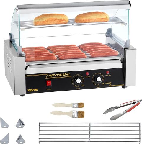 VEVOR Hot Dog Roller 5 Rollers 12 Hot Dogs Capacity, 750W Stainless Sausage Grill Cooker Machine with Dual Temp Control Glass Hood Acrylic Cover Bun Warmer Shelf Removable Oil Drip Tray ETL Certified in Saudi Arabia