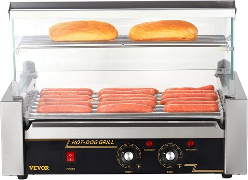 VEVOR Hot Dog Roller 5 Rollers 12 Hot Dogs Capacity, 750W Stainless Sausage Grill Cooker Machine with Dual Temp Control Glass Hood Acrylic Cover Bun Warmer Shelf Removable Oil Drip Tray ETL Certified in Saudi Arabia