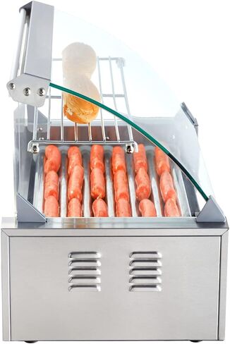 VEVOR Hot Dog Roller 5 Rollers 12 Hot Dogs Capacity, 750W Stainless Sausage Grill Cooker Machine with Dual Temp Control Glass Hood Acrylic Cover Bun Warmer Shelf Removable Oil Drip Tray ETL Certified in Saudi Arabia