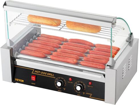 VEVOR Hot Dog Roller 5 Rollers 12 Hot Dogs Capacity, 750W Stainless Sausage Grill Cooker Machine with Dual Temp Control Glass Hood Acrylic Cover Bun Warmer Shelf Removable Oil Drip Tray ETL Certified in Saudi Arabia