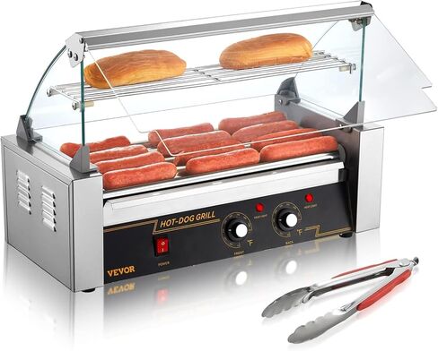 VEVOR Hot Dog Roller 5 Rollers 12 Hot Dogs Capacity, 750W Stainless Sausage Grill Cooker Machine with Dual Temp Control Glass Hood Acrylic Cover Bun Warmer Shelf Removable Oil Drip Tray ETL Certified in Saudi Arabia