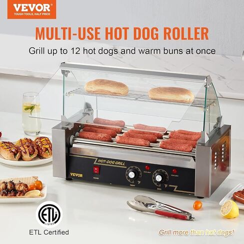 VEVOR Hot Dog Roller 5 Rollers 12 Hot Dogs Capacity, 750W Stainless Sausage Grill Cooker Machine with Dual Temp Control Glass Hood Acrylic Cover Bun Warmer Shelf Removable Oil Drip Tray ETL Certified in Saudi Arabia