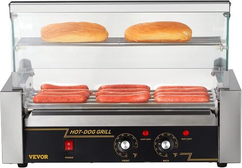VEVOR Hot Dog Roller 5 Rollers 12 Hot Dogs Capacity, 750W Stainless Sausage Grill Cooker Machine with Dual Temp Control Glass Hood Acrylic Cover Bun Warmer Shelf Removable Oil Drip Tray ETL Certified in Saudi Arabia
