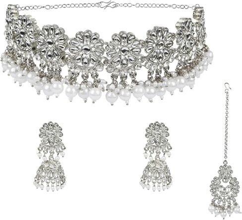 مجموعات المجوهرات الهندية Efulgenz للنساء الكريستال كوندان قش فو فو لؤلؤة قلادة Jhumka أقراط Maang Tikka سلسلة Bollywood الزفاف المجوهرات للنساء in Kuwait
