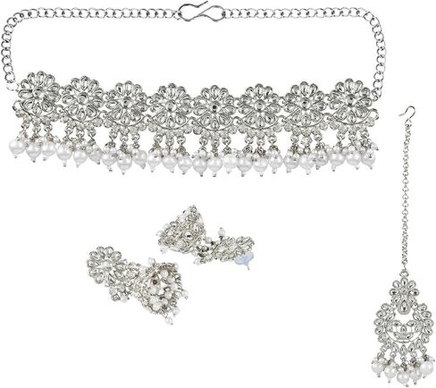 مجموعات المجوهرات الهندية Efulgenz للنساء الكريستال كوندان قش فو فو لؤلؤة قلادة Jhumka أقراط Maang Tikka سلسلة Bollywood الزفاف المجوهرات للنساء in Kuwait