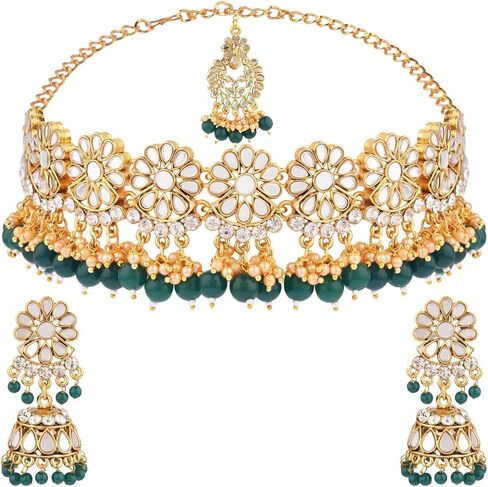 مجموعات المجوهرات الهندية Efulgenz للنساء الكريستال كوندان قش فو فو لؤلؤة قلادة Jhumka أقراط Maang Tikka سلسلة Bollywood الزفاف المجوهرات للنساء in Kuwait