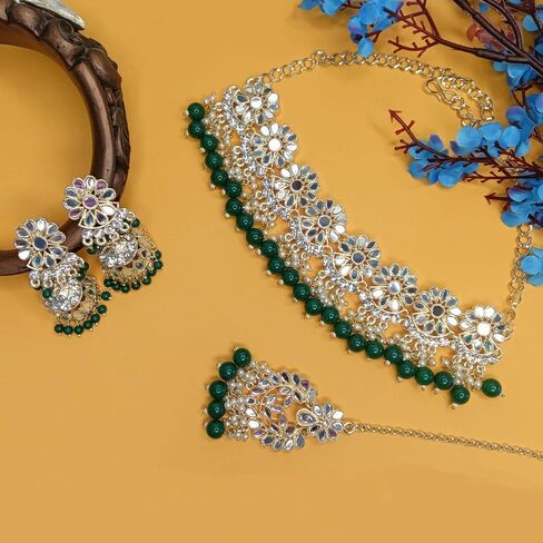 مجموعات المجوهرات الهندية Efulgenz للنساء الكريستال كوندان قش فو فو لؤلؤة قلادة Jhumka أقراط Maang Tikka سلسلة Bollywood الزفاف المجوهرات للنساء in Kuwait