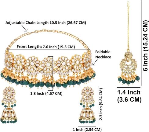 مجموعات المجوهرات الهندية Efulgenz للنساء الكريستال كوندان قش فو فو لؤلؤة قلادة Jhumka أقراط Maang Tikka سلسلة Bollywood الزفاف المجوهرات للنساء in Kuwait