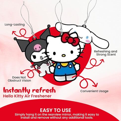 Hello Kitty Air Freshener | Cinnamoroll, Kuromi, & Kawaii Kitty Air Freshner | Car & Home Use | Strawberry Scented | 3-Pack | Officially Licensed in Saudi Arabia