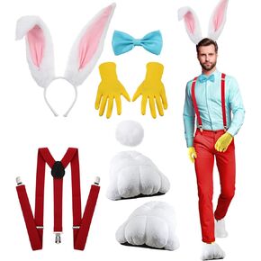 6 Pcs Bunny Rabbit Costume Set Bunny Ear Headband Shoes Tail Bowtie Glove Y Back Adjustable Suspender for Men Women